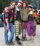 Justin, John, Fred, Alicia and dachshund (not necessarily in L-R order) - summing up a collection of looks that equal Rainbow fashion